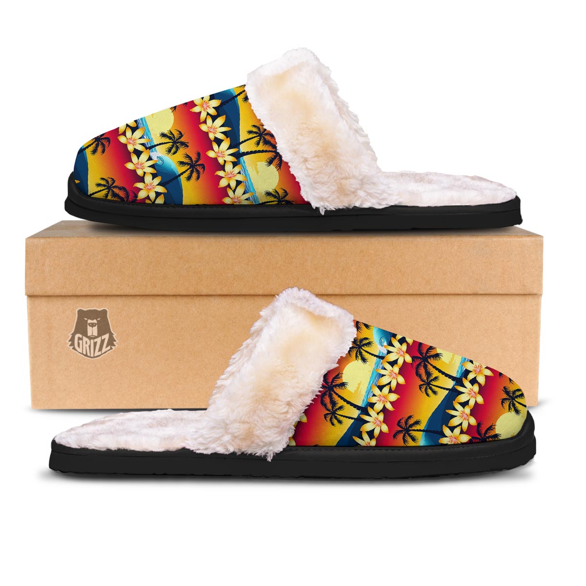 Palm Tree Sunset Hibiscus Print Pattern Slippers-grizzshop