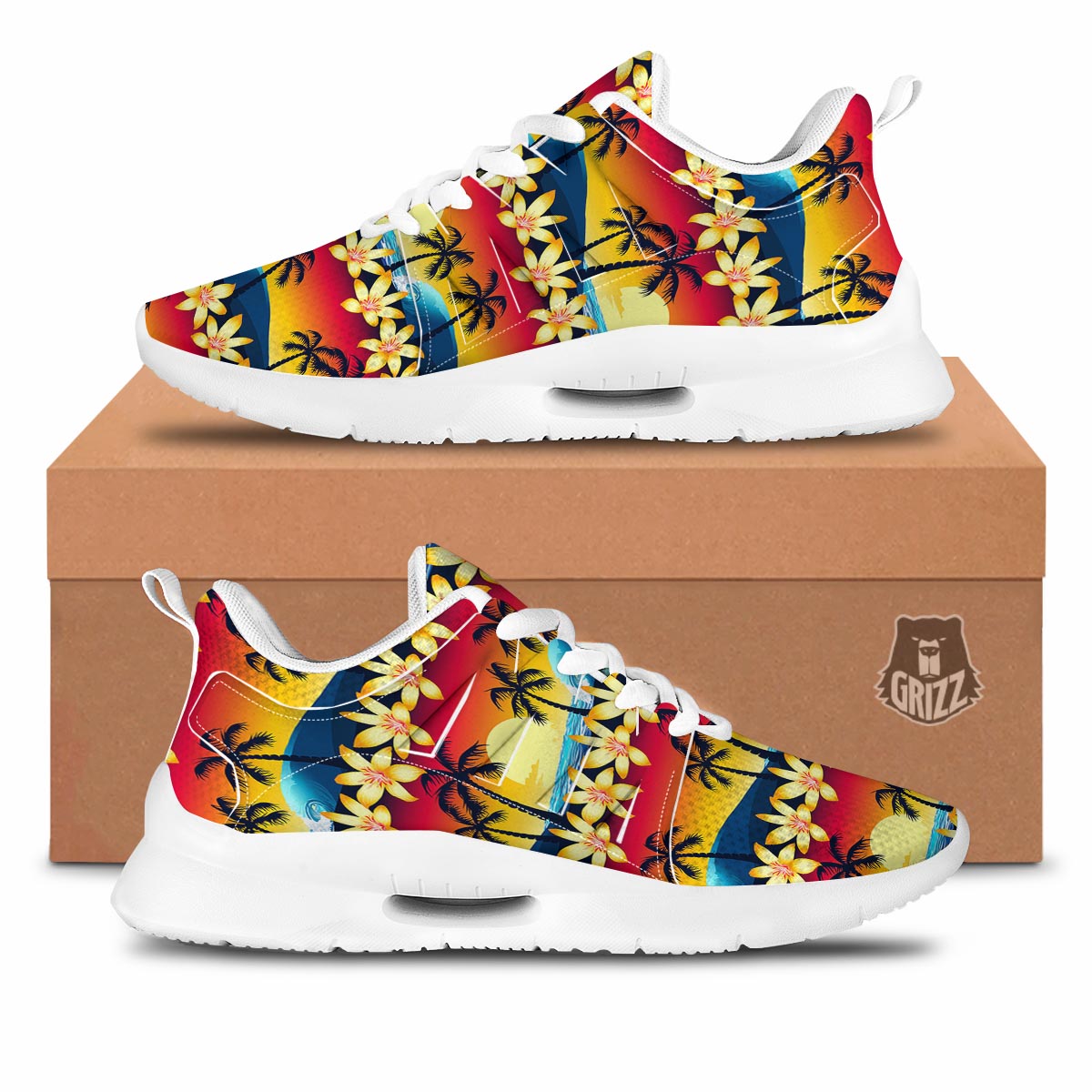 Palm Tree Sunset Hibiscus Print Pattern Tennis Shoes-grizzshop