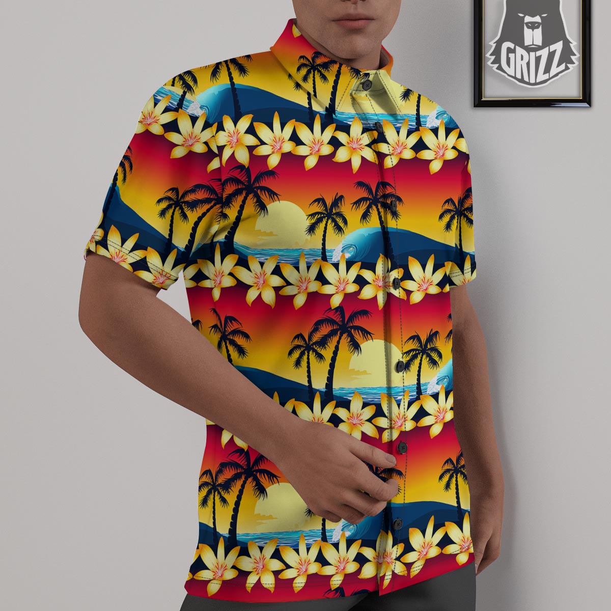 Palm Tree Sunset Hibiscus Print Pattern Untucked Shirts-grizzshop