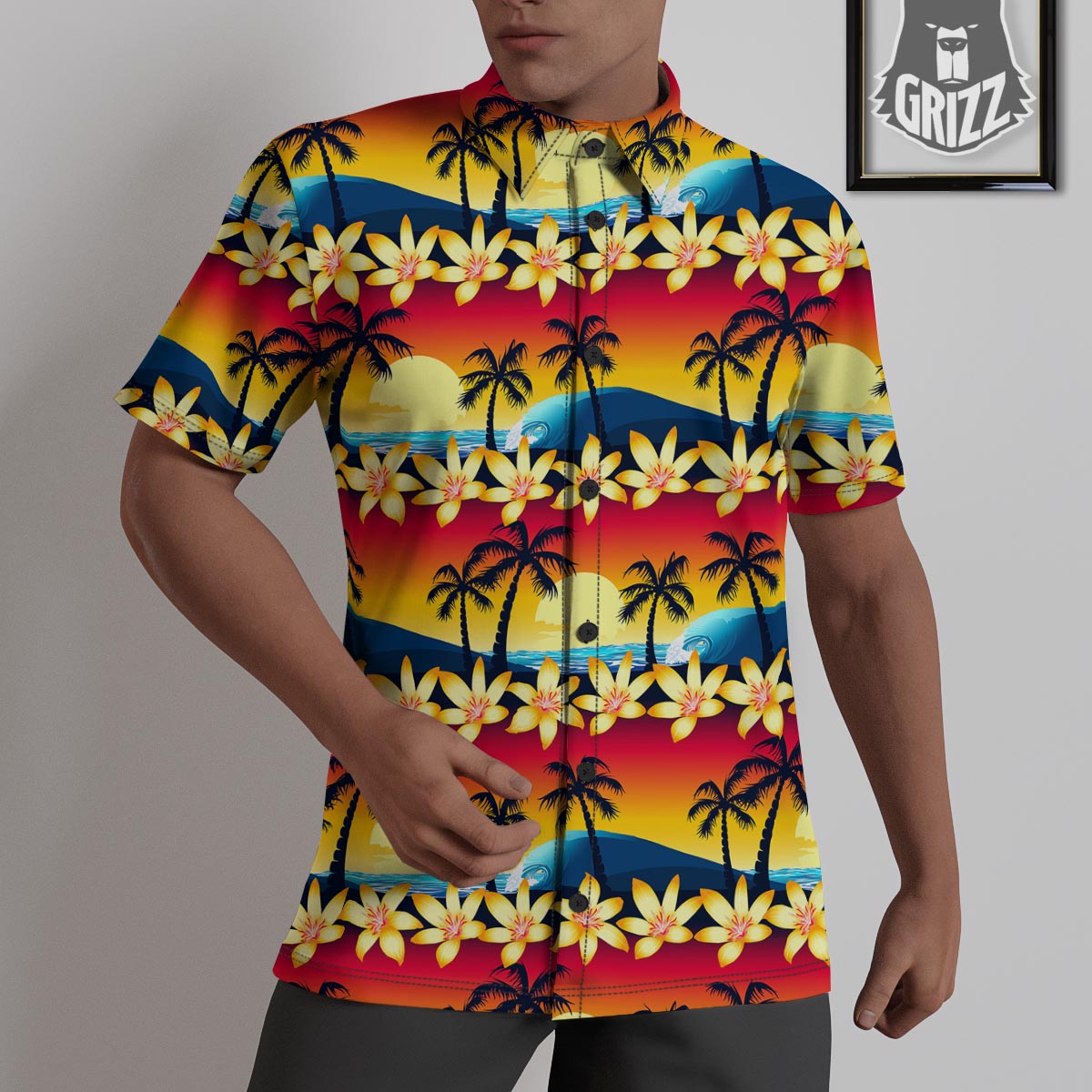 Palm Tree Sunset Hibiscus Print Pattern Untucked Shirts-grizzshop