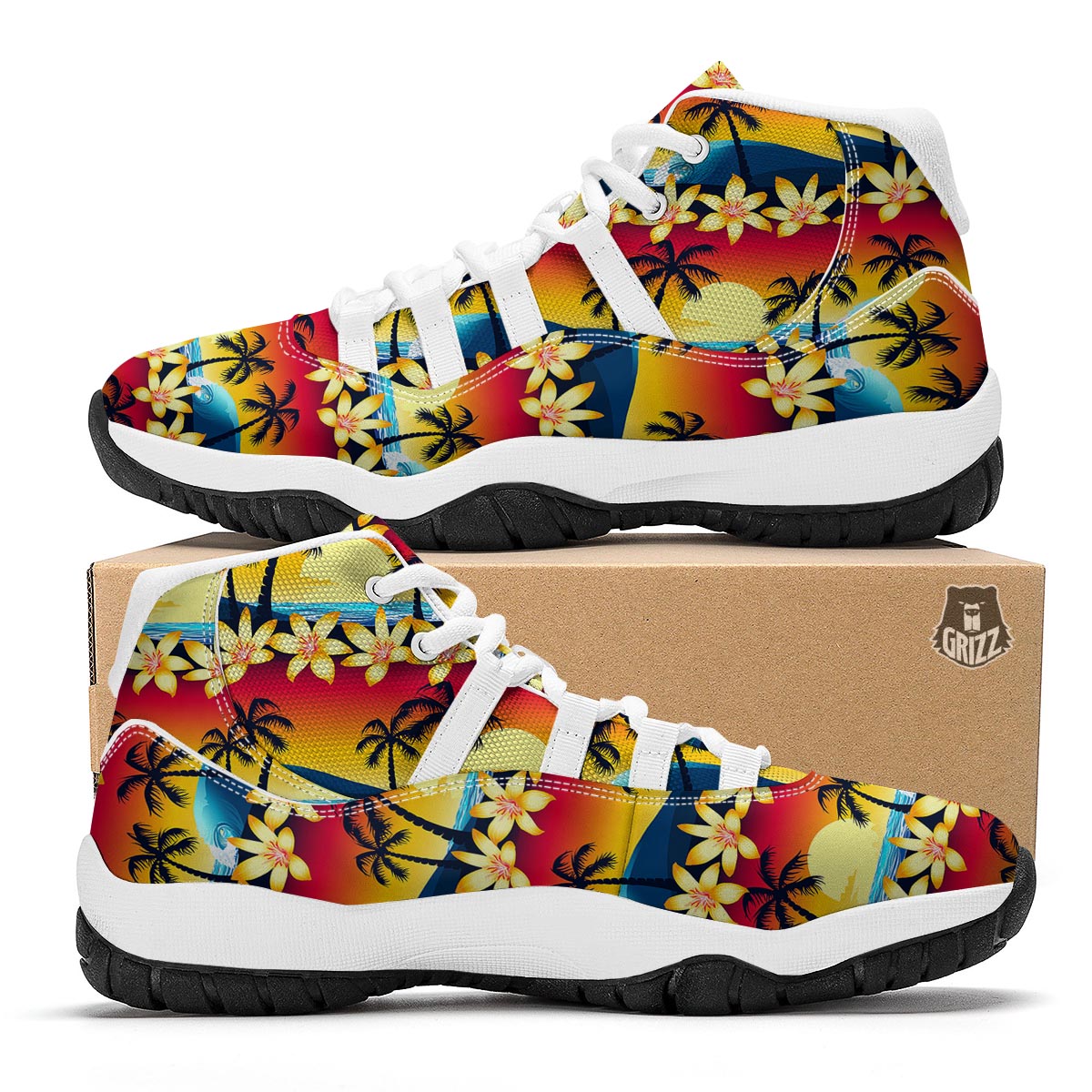 Palm Tree Sunset Hibiscus Print Pattern White Bball Shoes-grizzshop