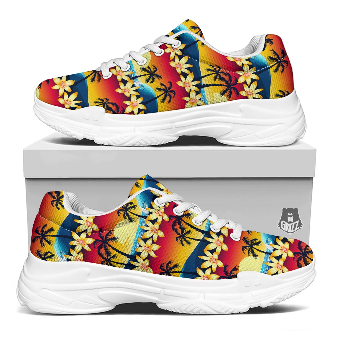 Palm Tree Sunset Hibiscus Print Pattern White Chunky Shoes-grizzshop