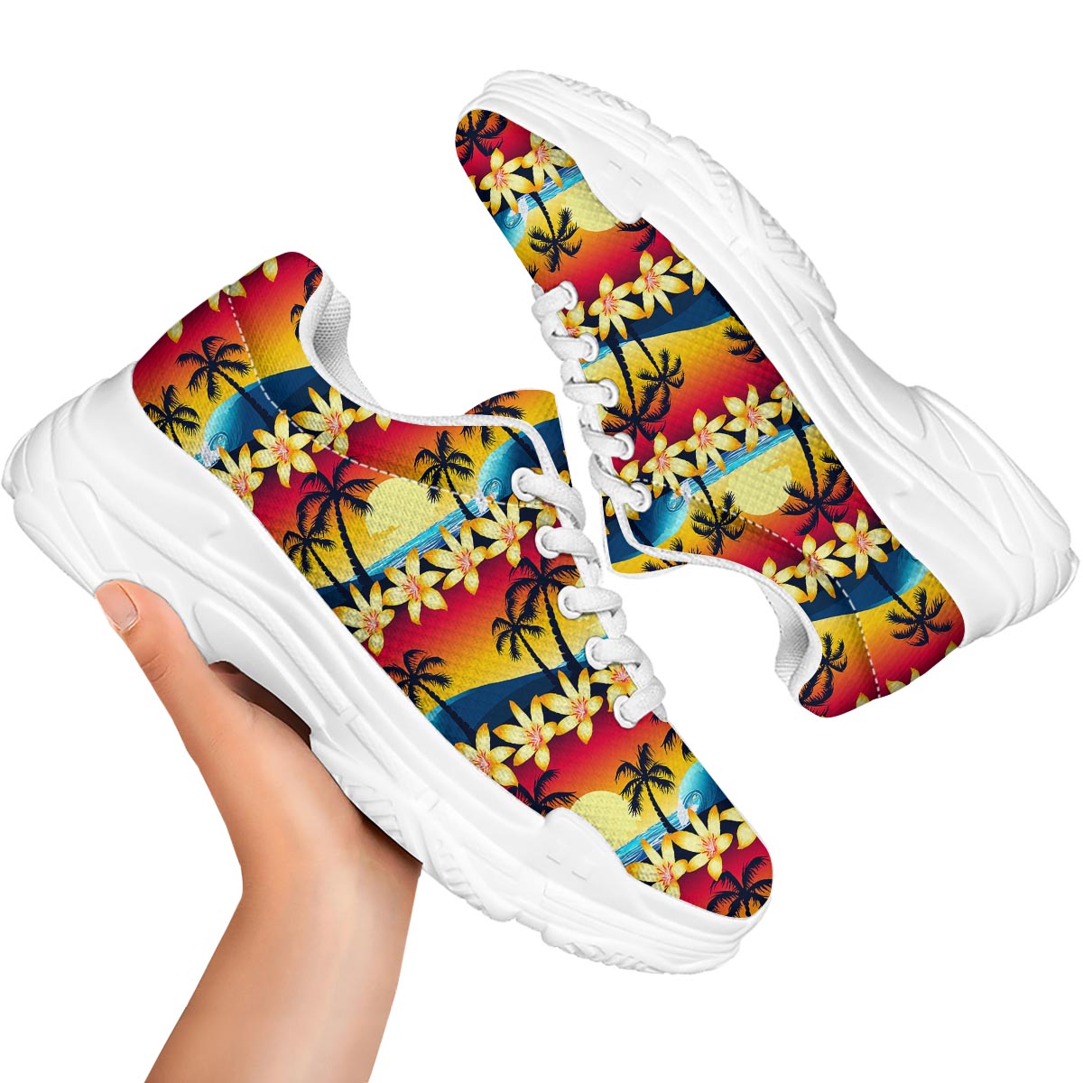 Palm Tree Sunset Hibiscus Print Pattern White Chunky Shoes-grizzshop