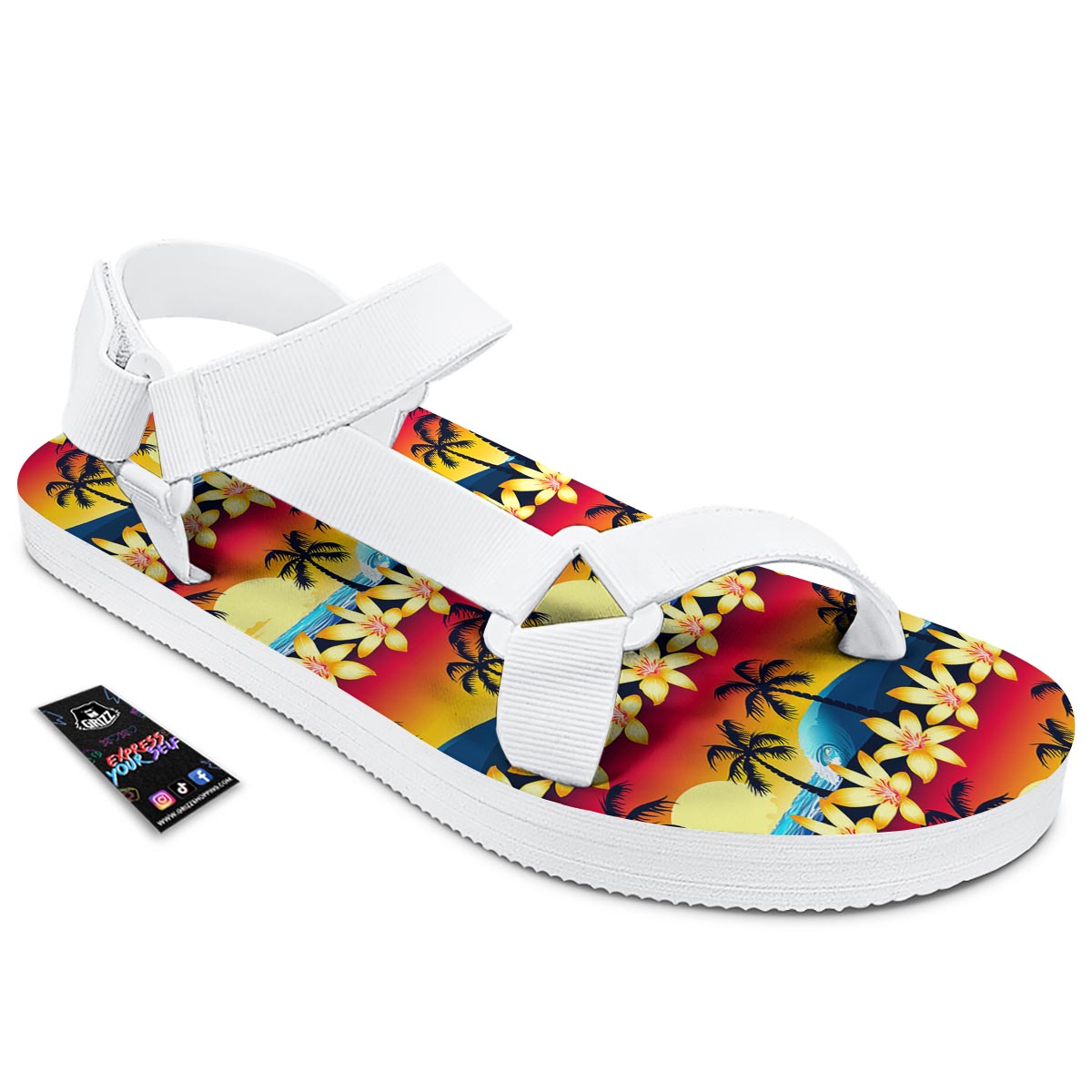 Palm Tree Sunset Hibiscus Print Pattern White Open Toe Sandals-grizzshop
