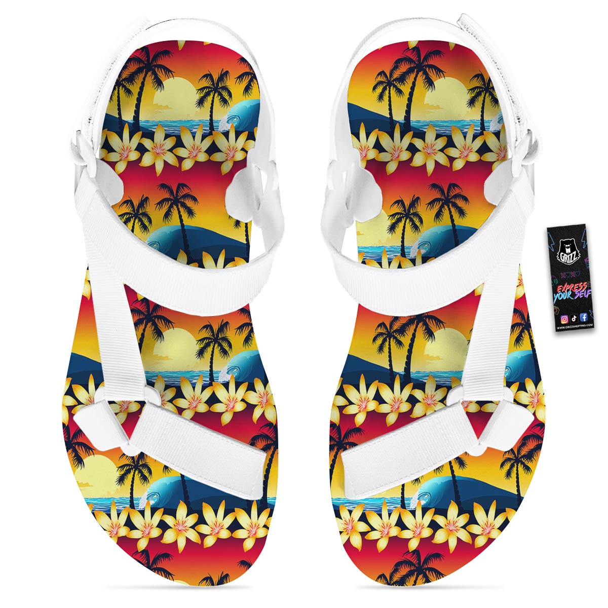 Palm Tree Sunset Hibiscus Print Pattern White Open Toe Sandals-grizzshop