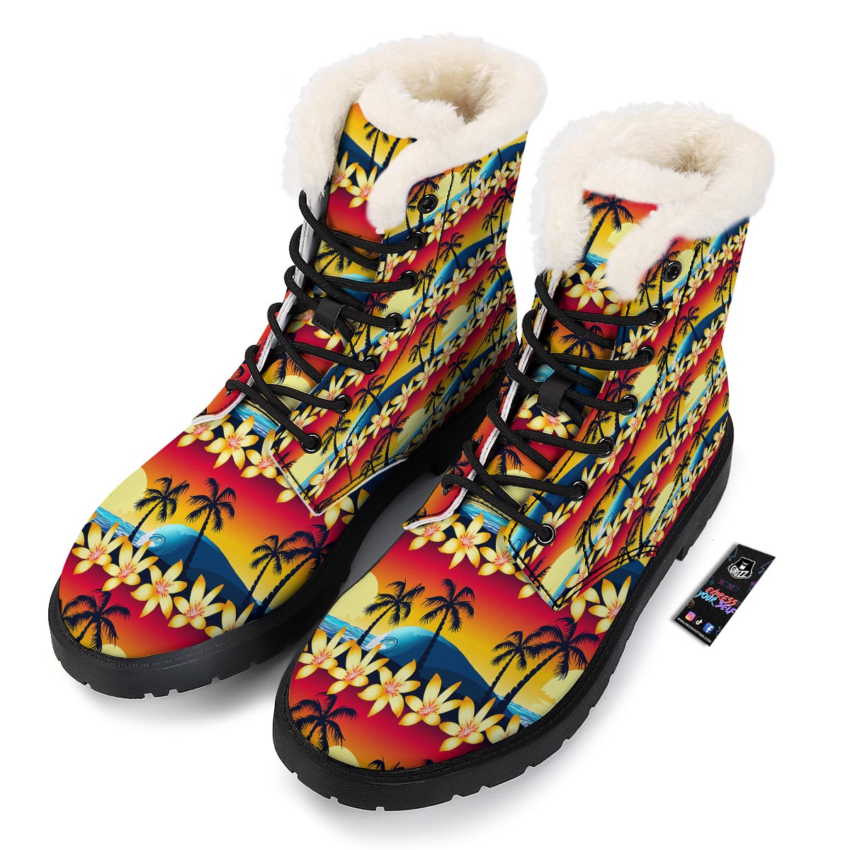 Palm Tree Sunset Hibiscus Print Pattern Winter Boots-grizzshop