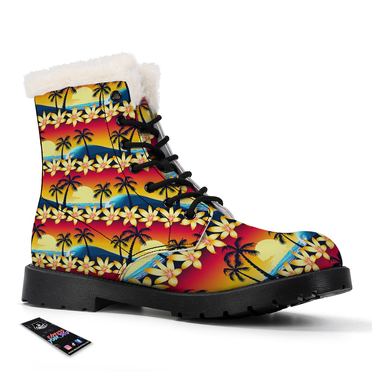 Palm Tree Sunset Hibiscus Print Pattern Winter Boots-grizzshop
