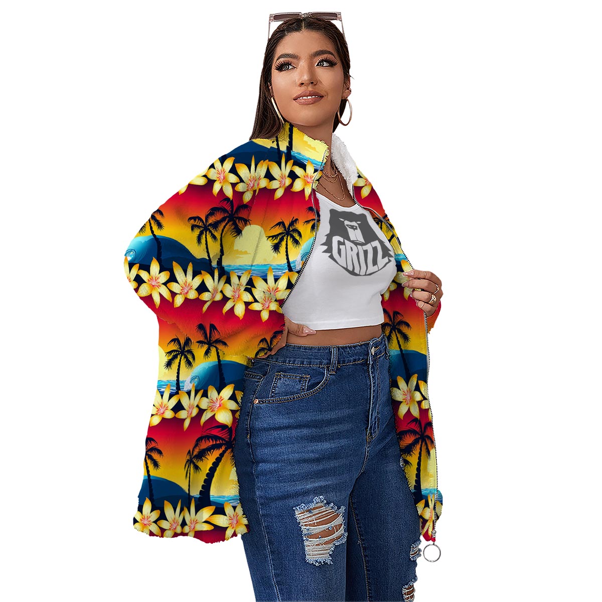Palm Tree Sunset Hibiscus Print Pattern Women's Sherpa Jacket-grizzshop