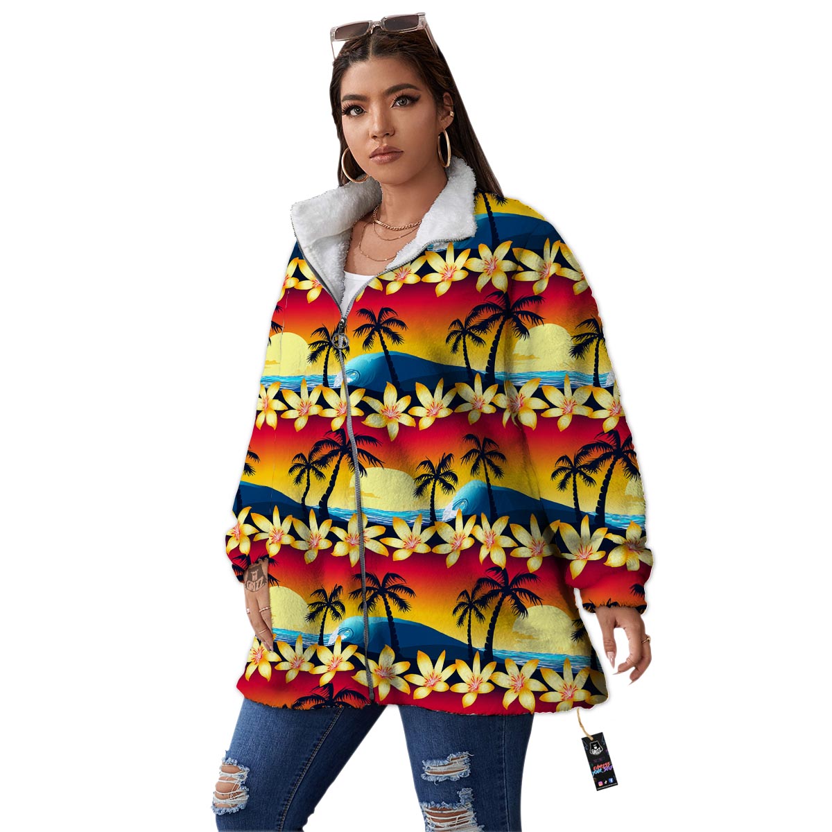 Palm Tree Sunset Hibiscus Print Pattern Women's Sherpa Jacket-grizzshop