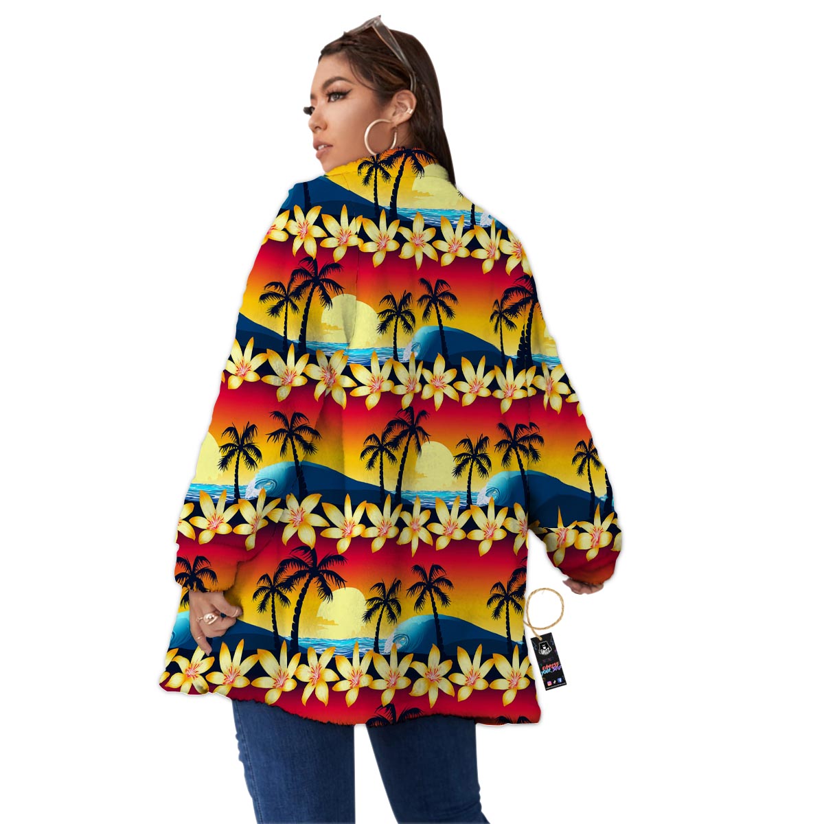 Palm Tree Sunset Hibiscus Print Pattern Women's Sherpa Jacket-grizzshop