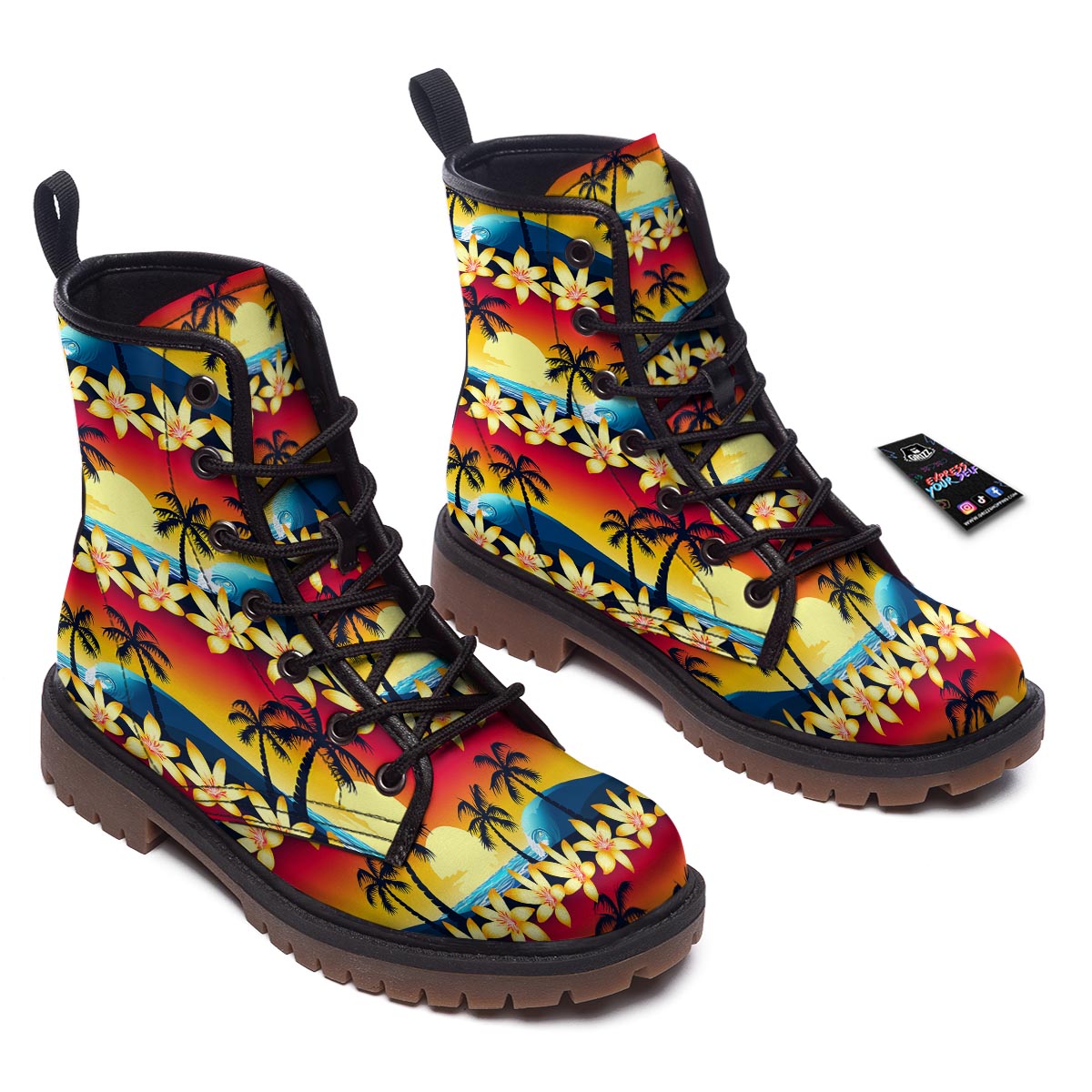 Palm Tree Sunset Hibiscus Print Pattern Work Boots-grizzshop