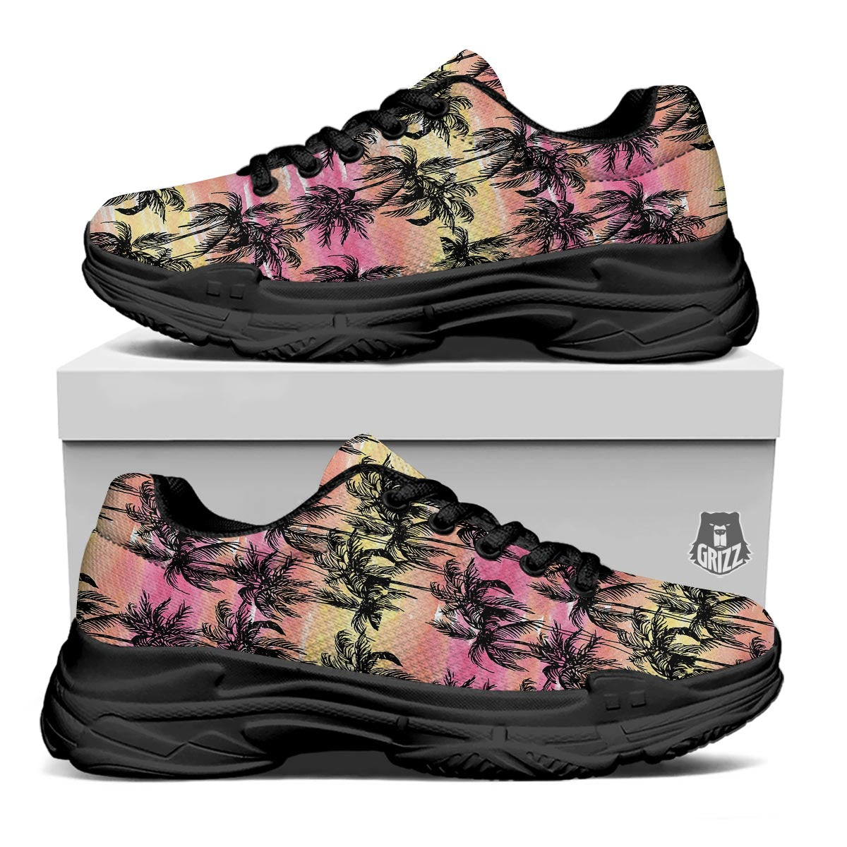Palm Tree Sunset Print Pattern Black Chunky Shoes-grizzshop