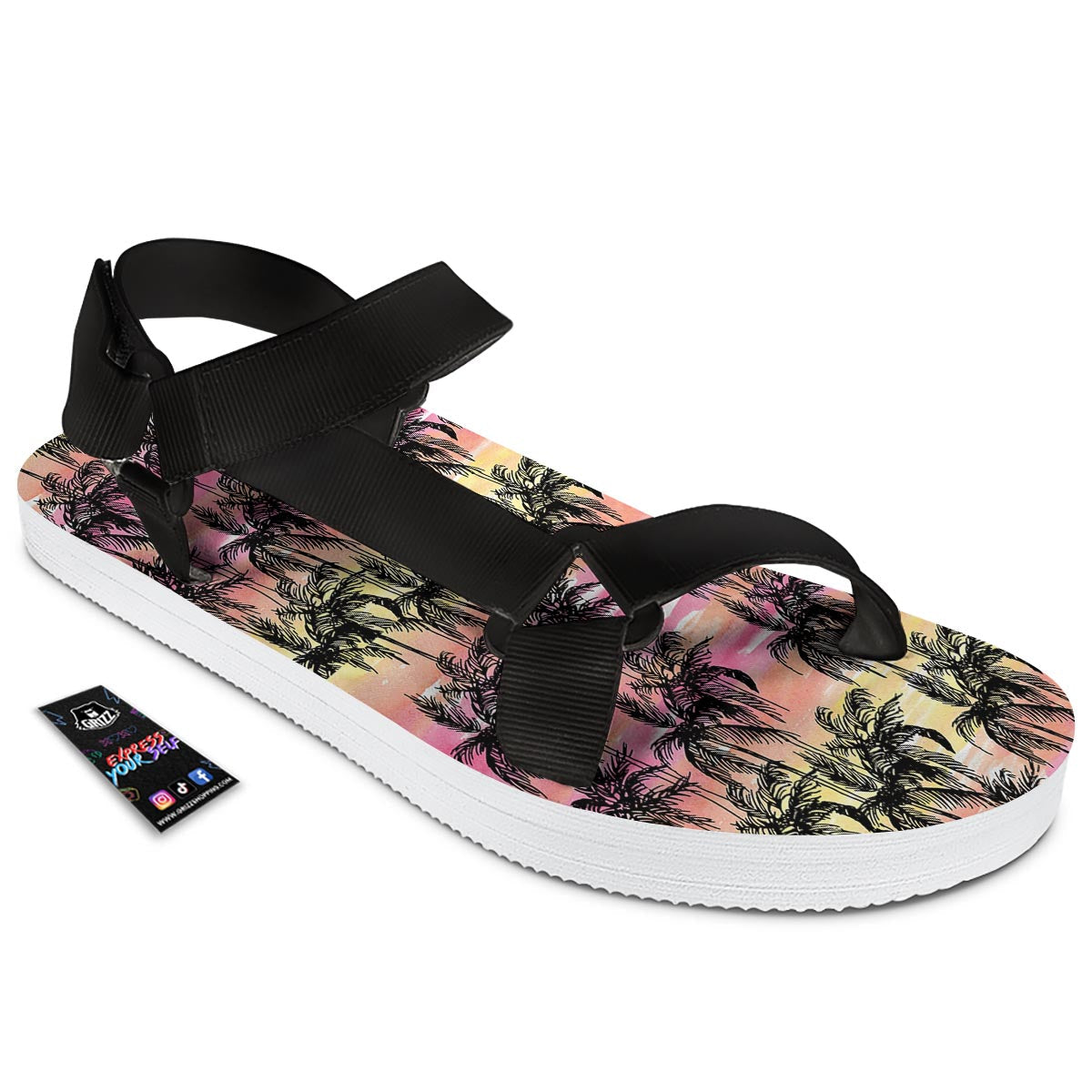 Palm Tree Sunset Print Pattern Black Open Toe Sandals-grizzshop
