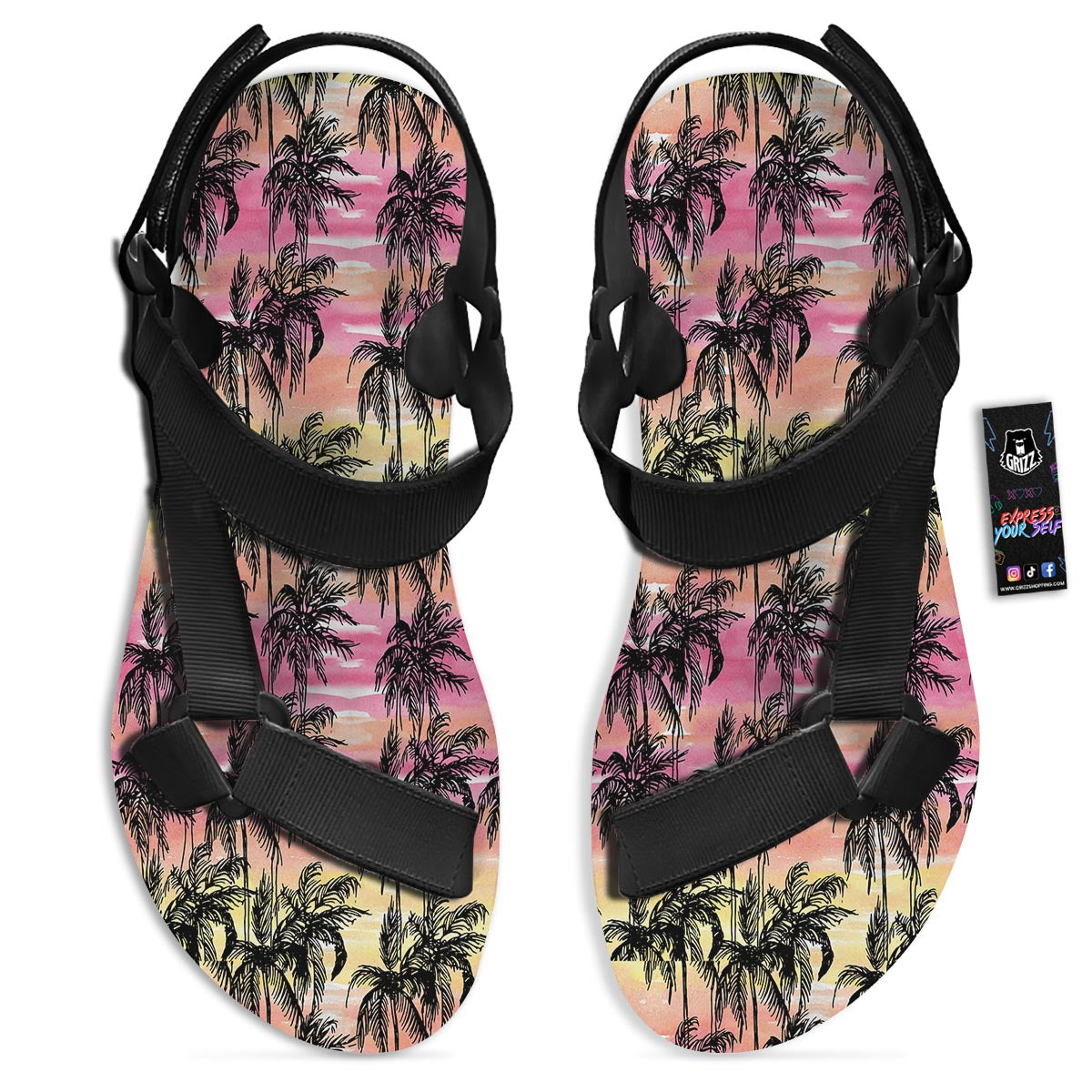 Palm Tree Sunset Print Pattern Black Open Toe Sandals-grizzshop