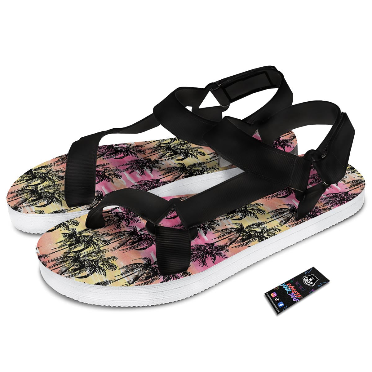 Palm Tree Sunset Print Pattern Black Open Toe Sandals-grizzshop
