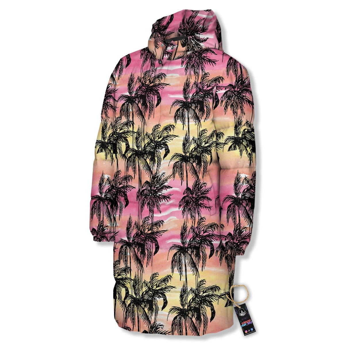 Palm Tree Sunset Print Pattern Long Down Jacket-grizzshop