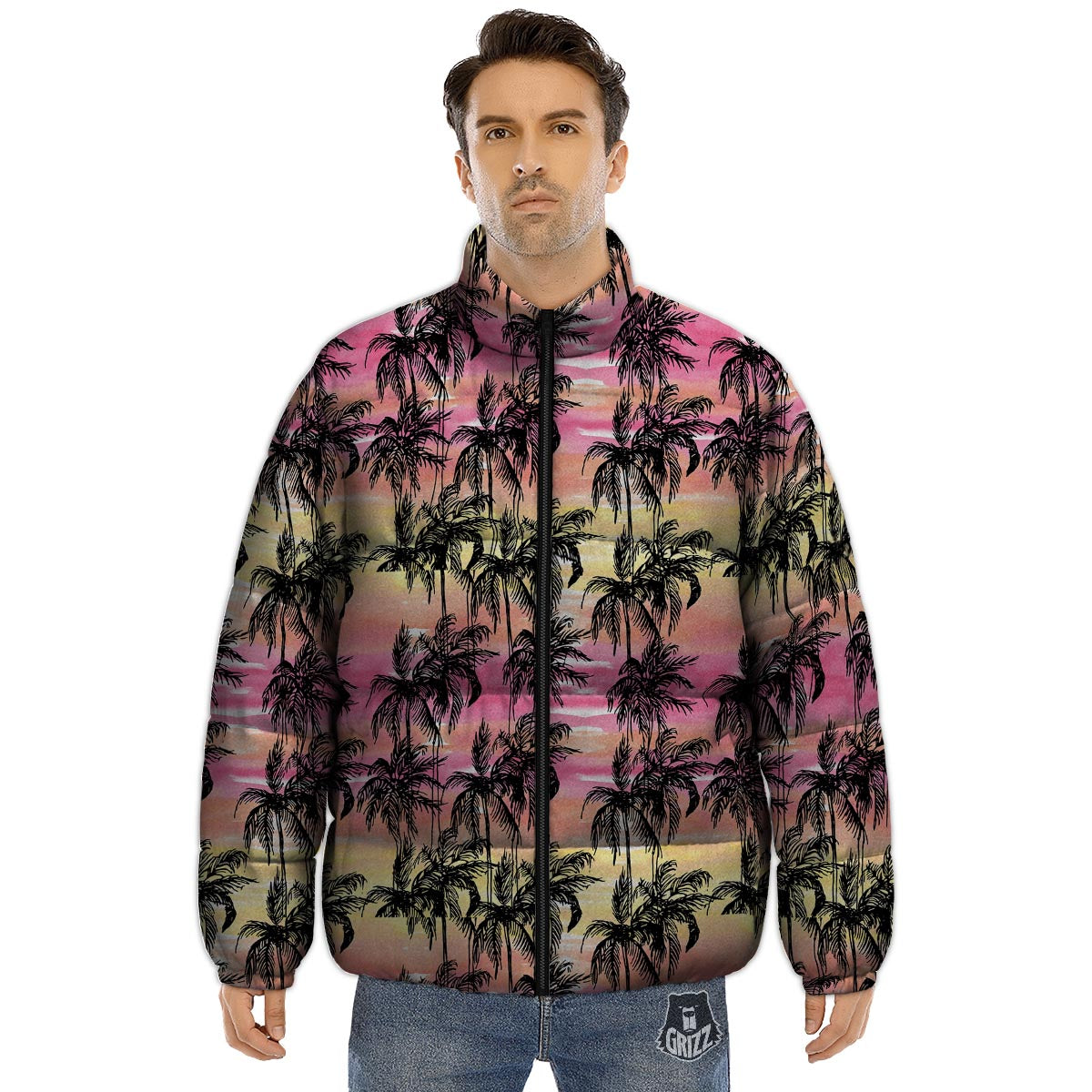 Palm Tree Sunset Print Pattern Puffer Jacket-grizzshop
