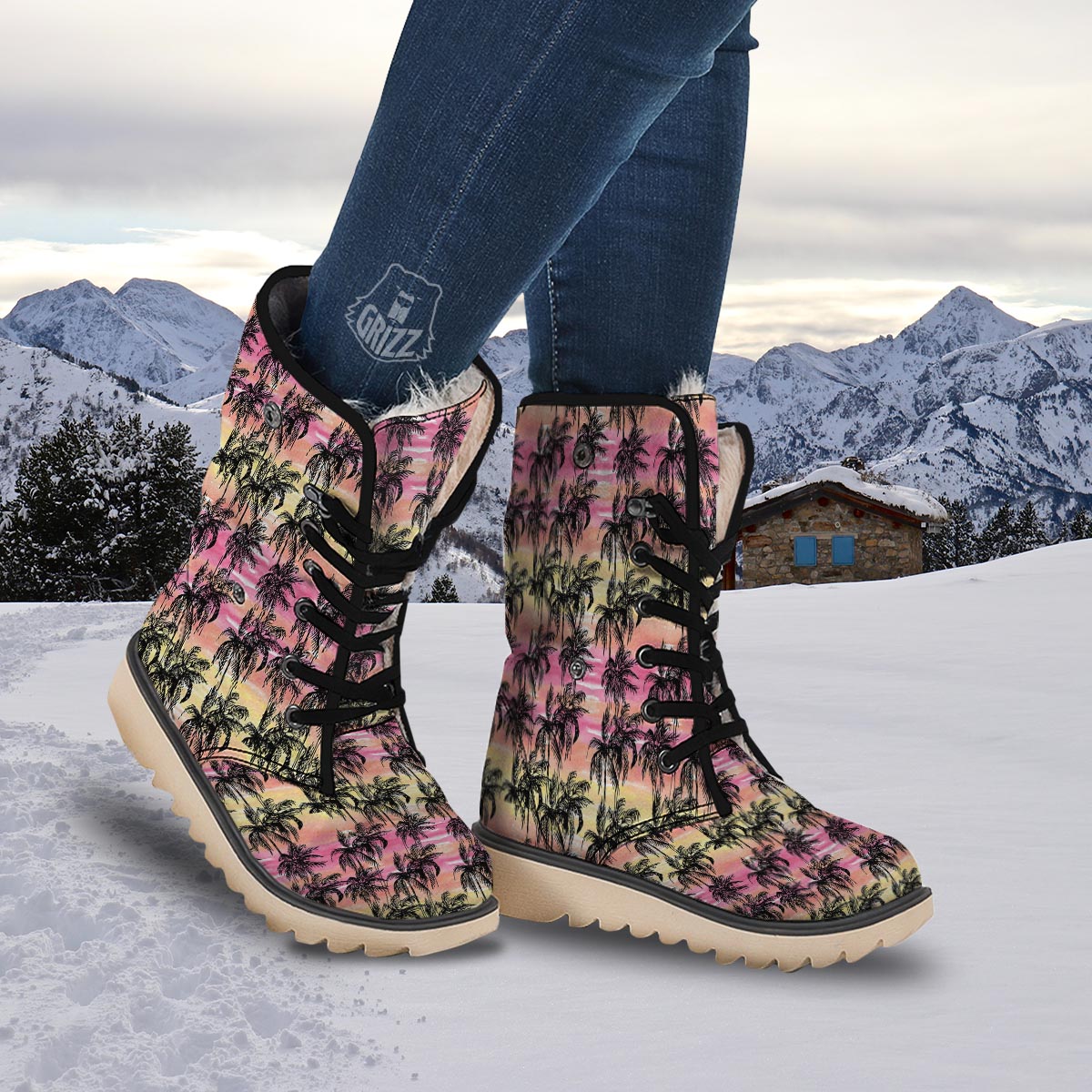 Palm Tree Sunset Print Pattern Snow Boots-grizzshop