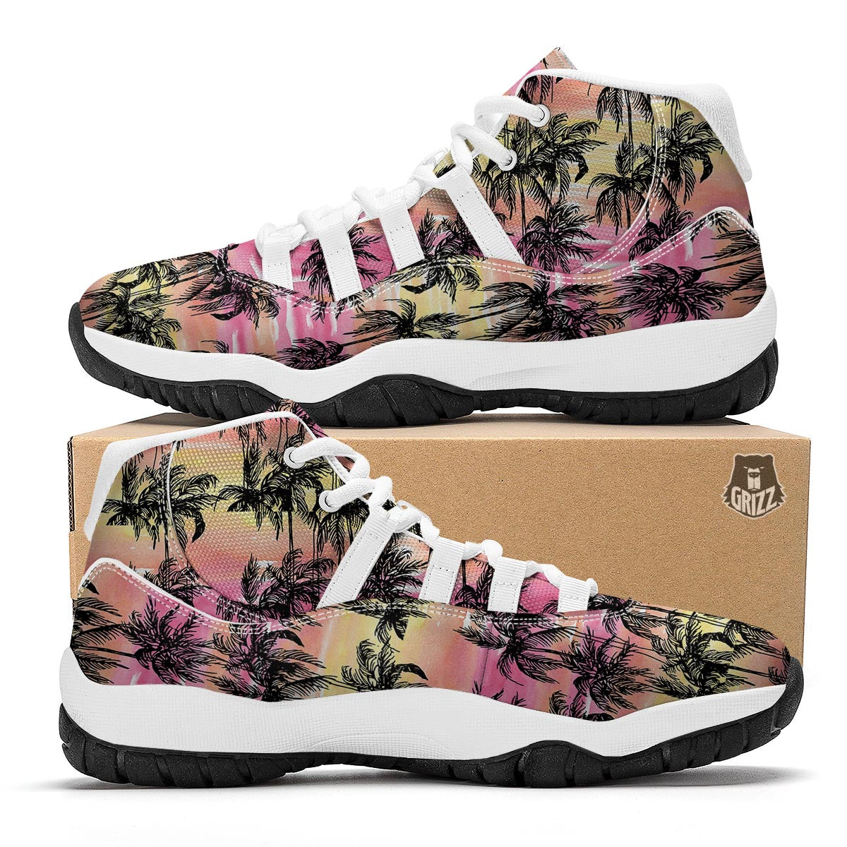 Palm Tree Sunset Print Pattern White Bball Shoes-grizzshop