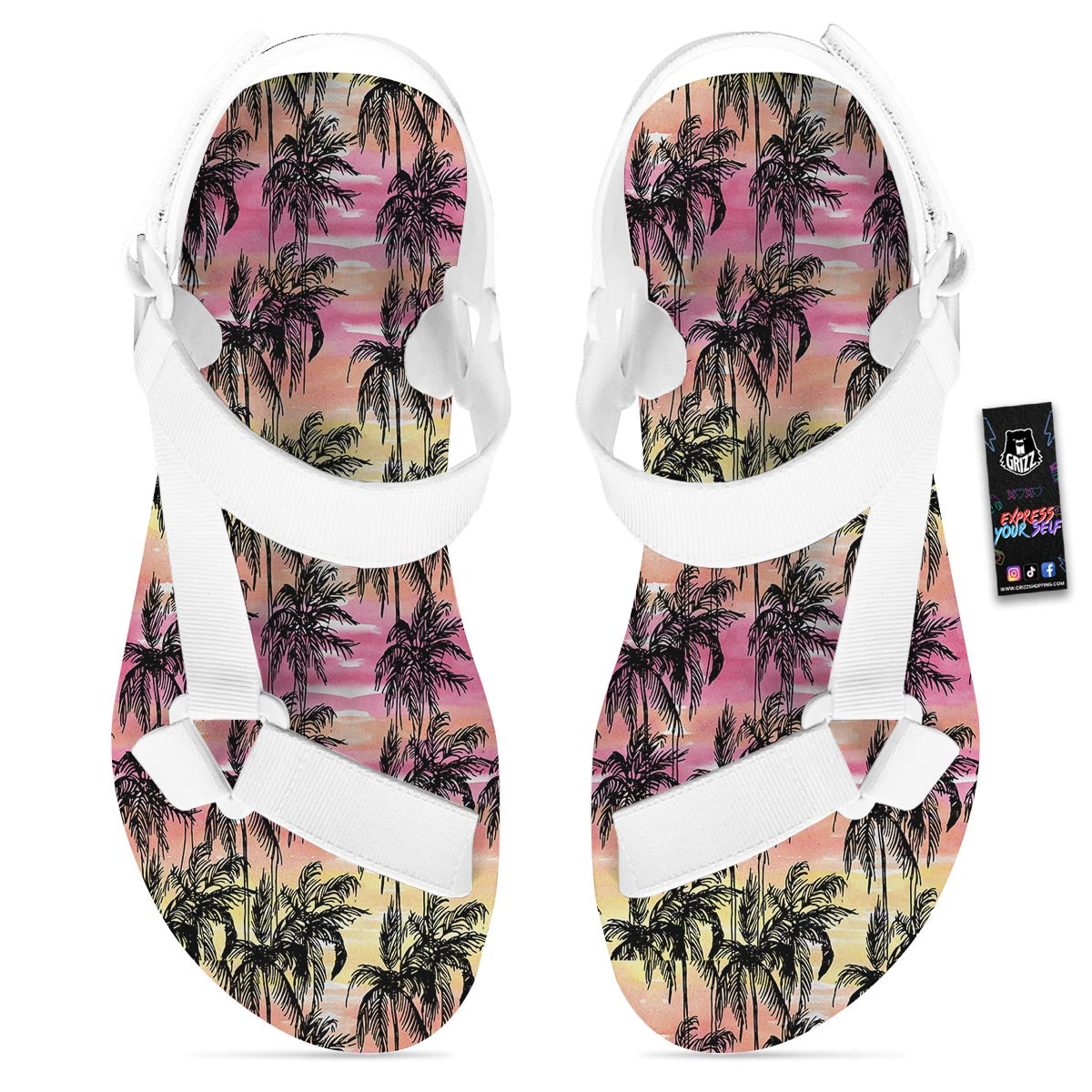 Palm Tree Sunset Print Pattern White Open Toe Sandals-grizzshop
