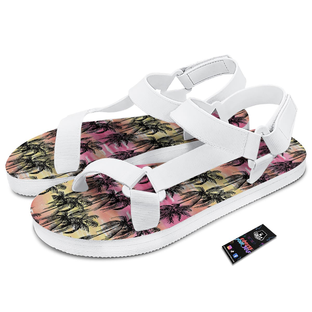 Palm Tree Sunset Print Pattern White Open Toe Sandals-grizzshop