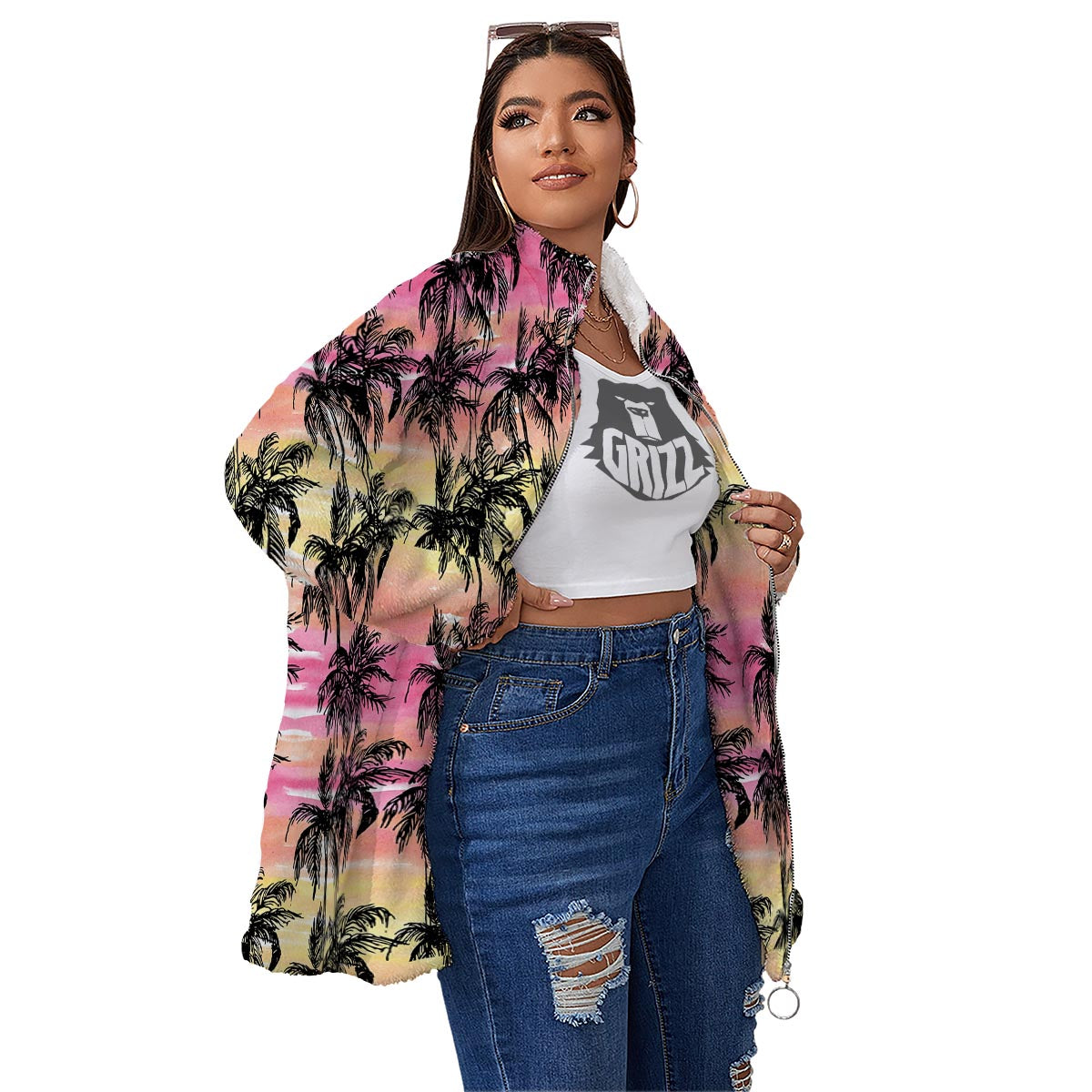 Palm Tree Sunset Print Pattern Women's Sherpa Jacket-grizzshop