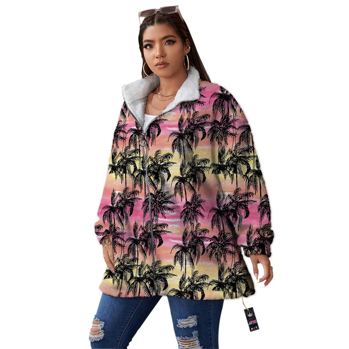 Palm Tree Sunset Print Pattern Women's Sherpa Jacket-grizzshop