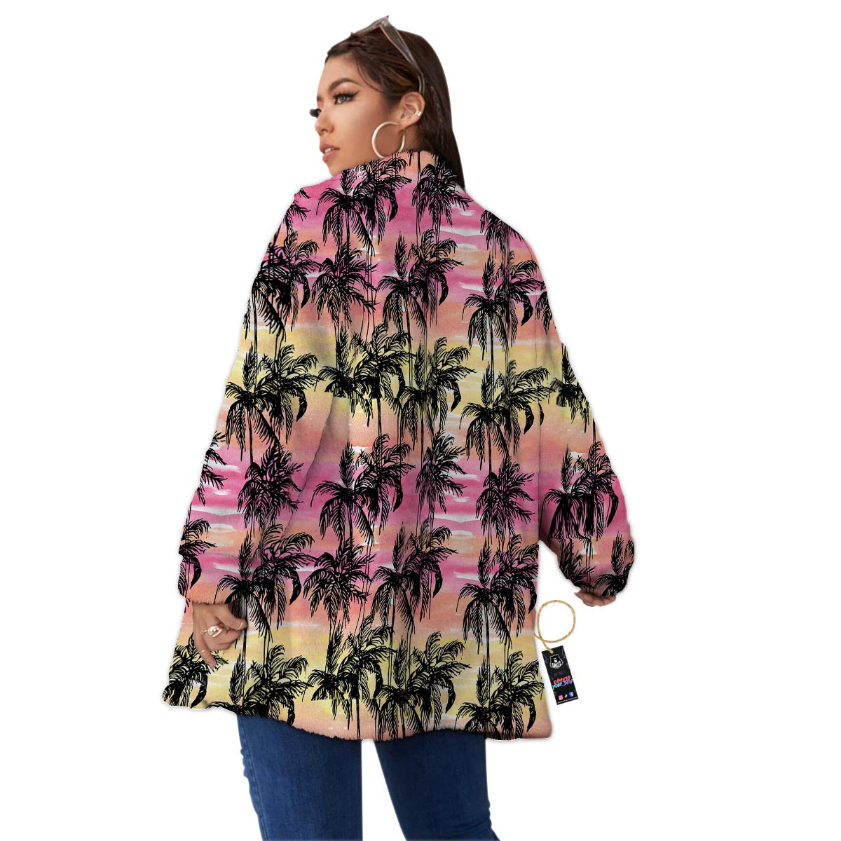 Palm Tree Sunset Print Pattern Women's Sherpa Jacket-grizzshop