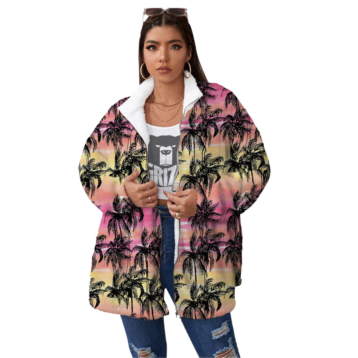 Palm Tree Sunset Print Pattern Women's Sherpa Jacket-grizzshop