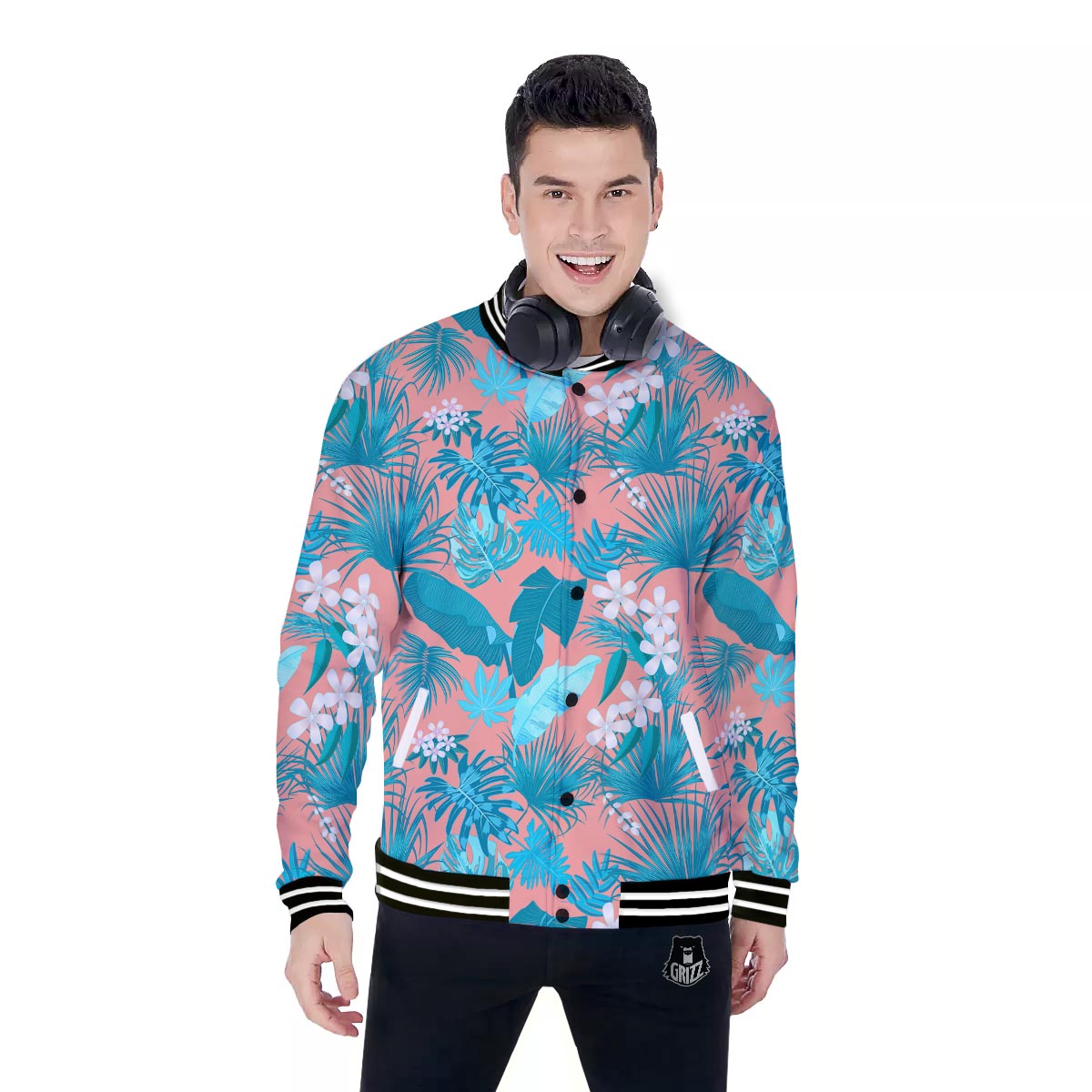 Palm Tree Teal Print Pattern Baseball Jacket-grizzshop