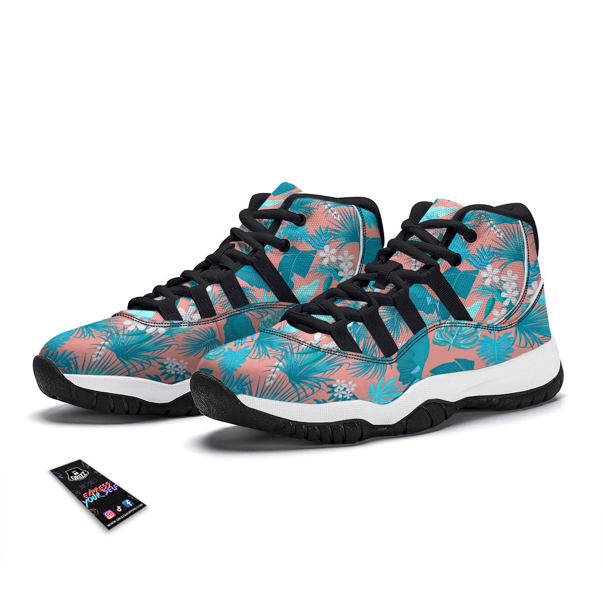 Palm Tree Teal Print Pattern Black Bball Shoes-grizzshop