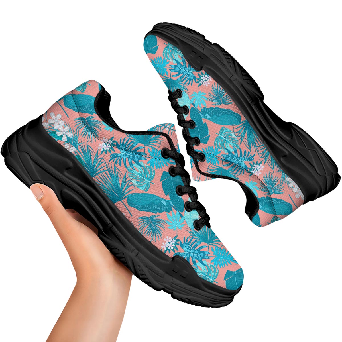 Palm Tree Teal Print Pattern Black Chunky Shoes-grizzshop