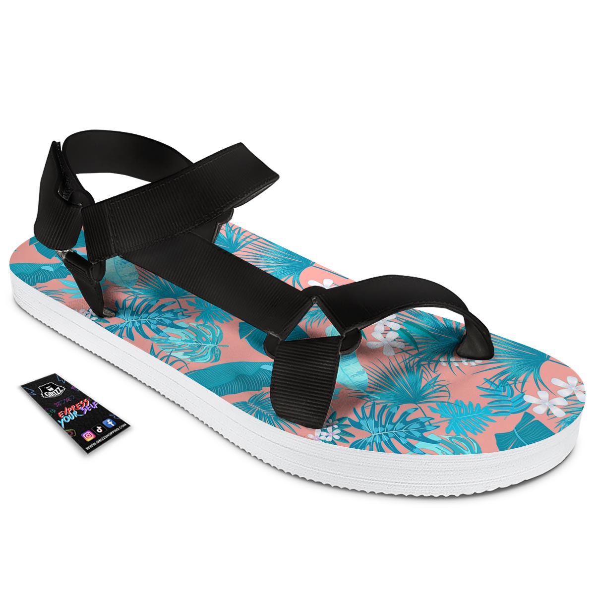 Palm Tree Teal Print Pattern Black Open Toe Sandals-grizzshop