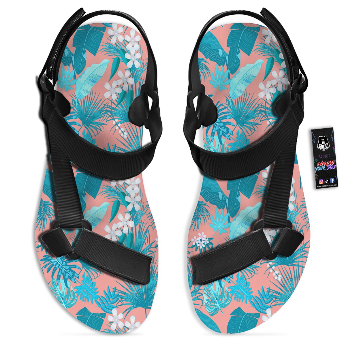 Palm Tree Teal Print Pattern Black Open Toe Sandals-grizzshop