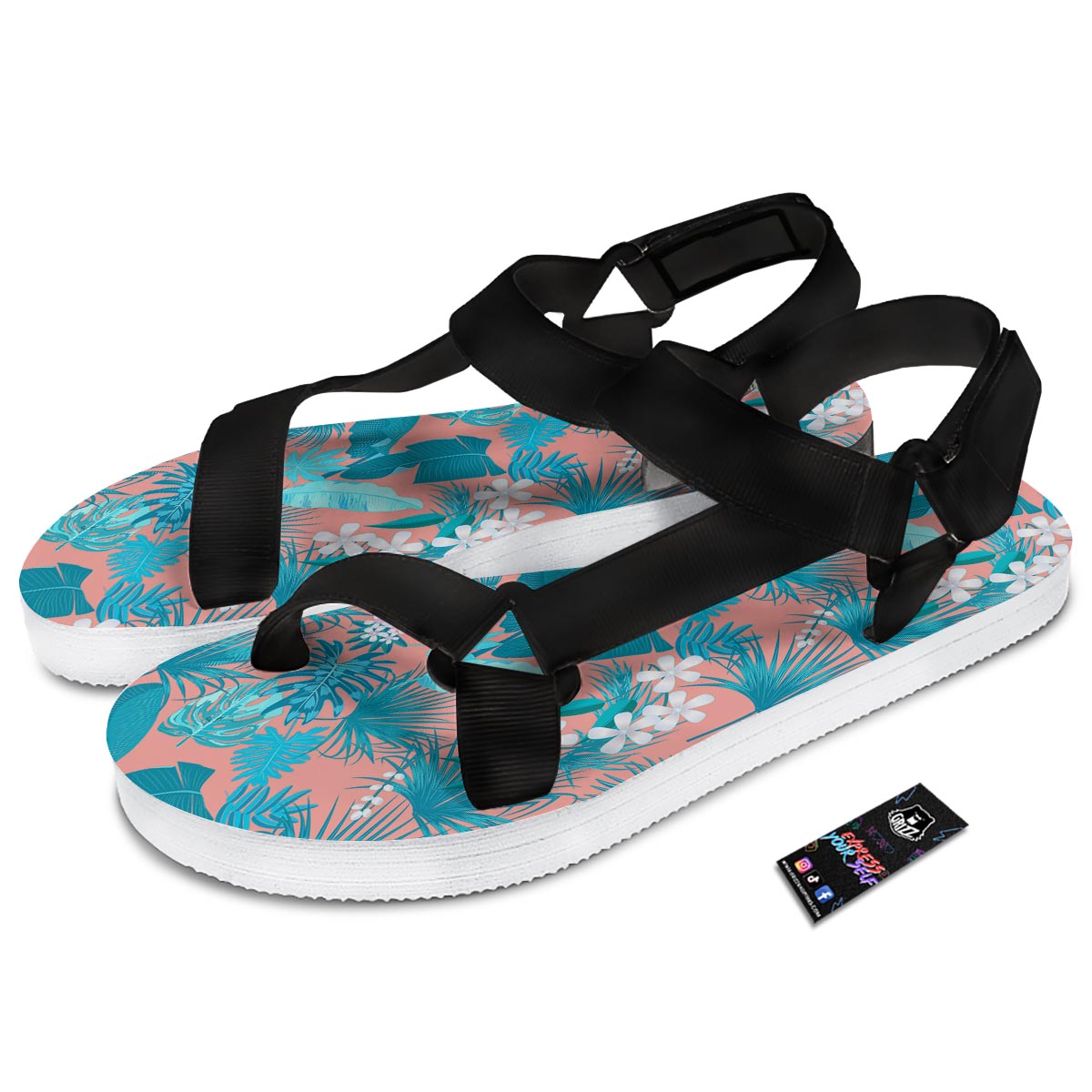 Palm Tree Teal Print Pattern Black Open Toe Sandals-grizzshop