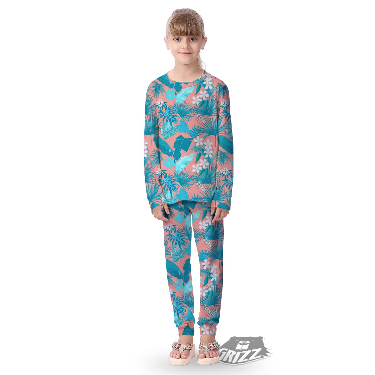 Palm Tree Teal Print Pattern Kid's Pajamas-grizzshop