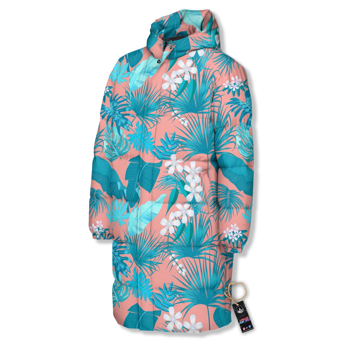 Palm Tree Teal Print Pattern Long Down Jacket-grizzshop