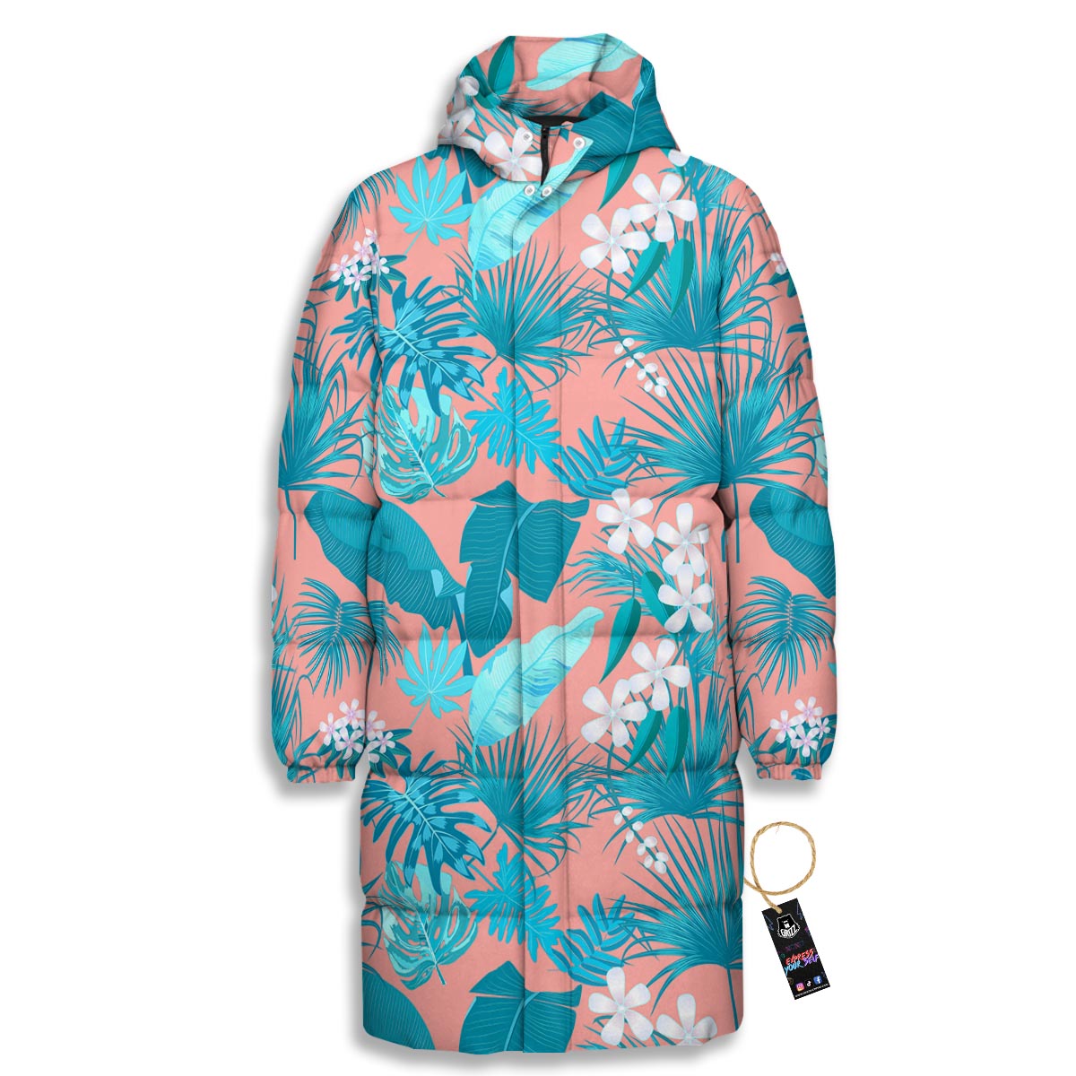 Palm Tree Teal Print Pattern Long Down Jacket-grizzshop