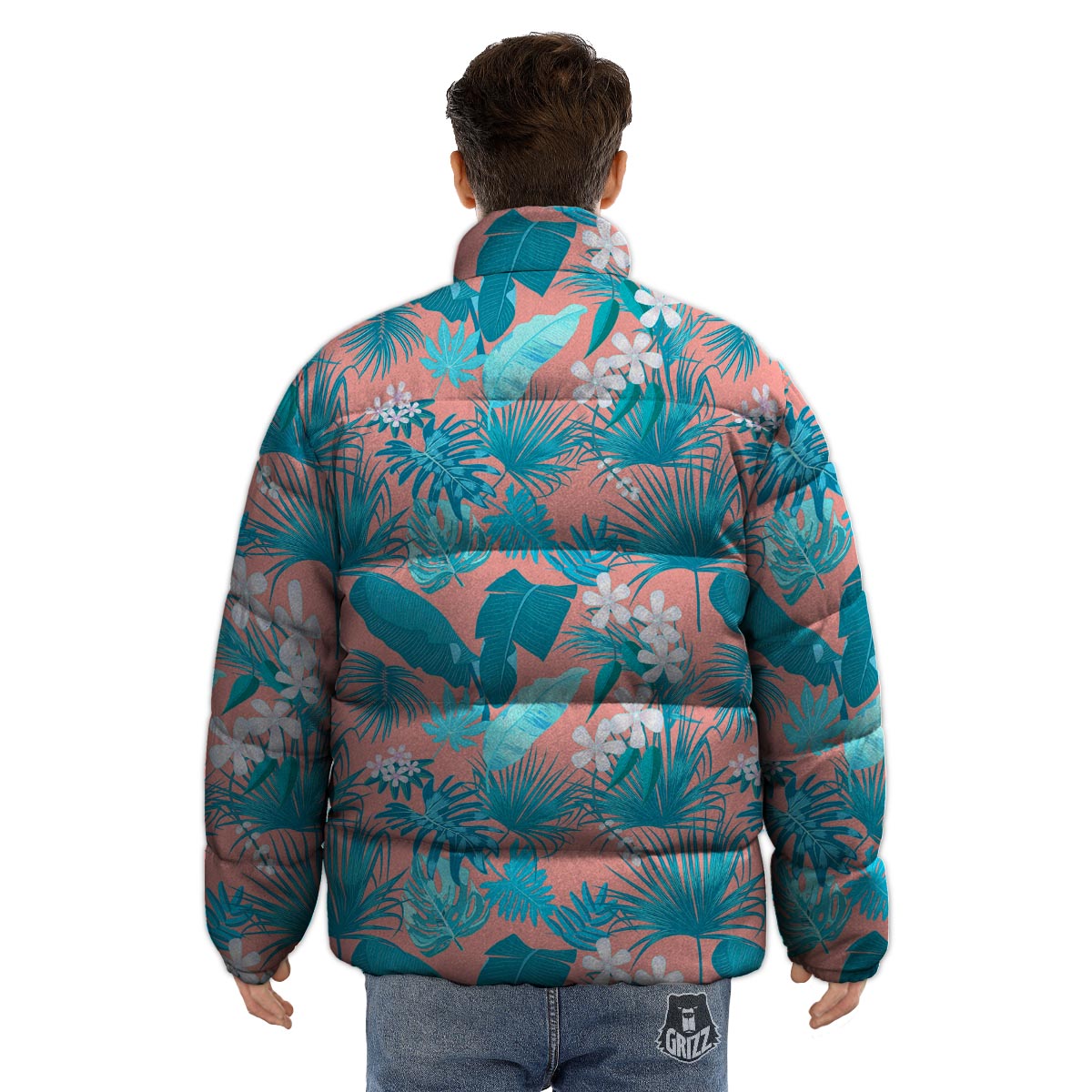 Palm Tree Teal Print Pattern Puffer Jacket-grizzshop