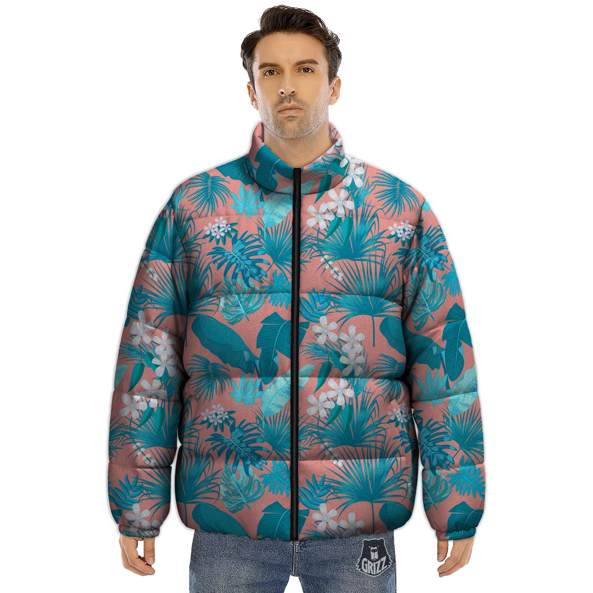 Palm Tree Teal Print Pattern Puffer Jacket-grizzshop
