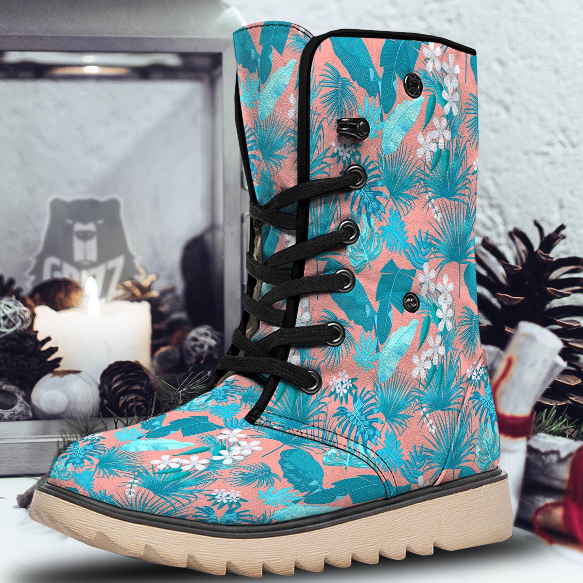 Palm Tree Teal Print Pattern Snow Boots-grizzshop