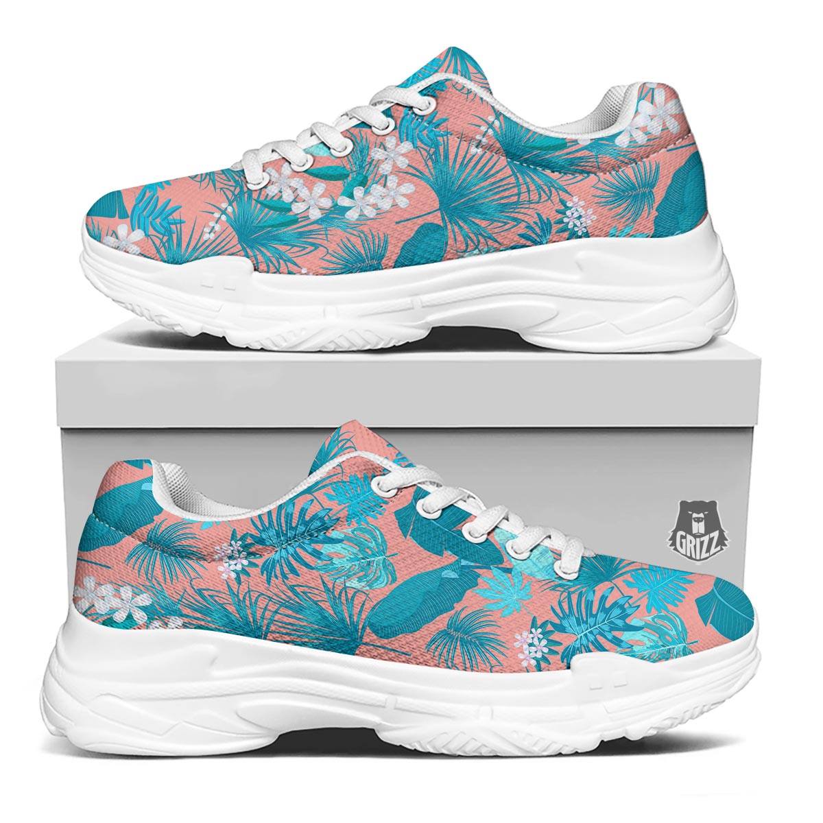 Palm Tree Teal Print Pattern White Chunky Shoes-grizzshop