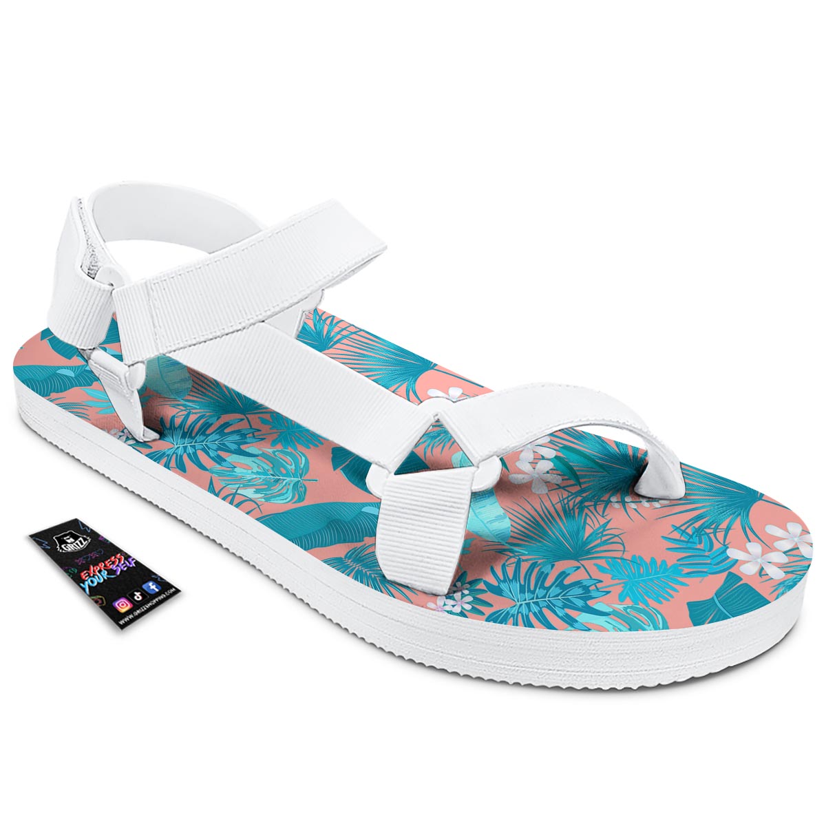Palm Tree Teal Print Pattern White Open Toe Sandals-grizzshop