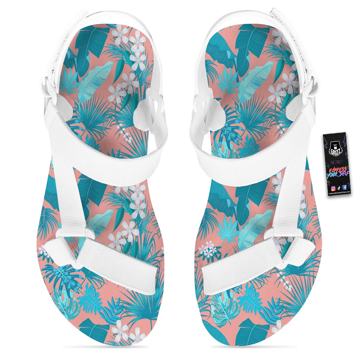 Palm Tree Teal Print Pattern White Open Toe Sandals-grizzshop