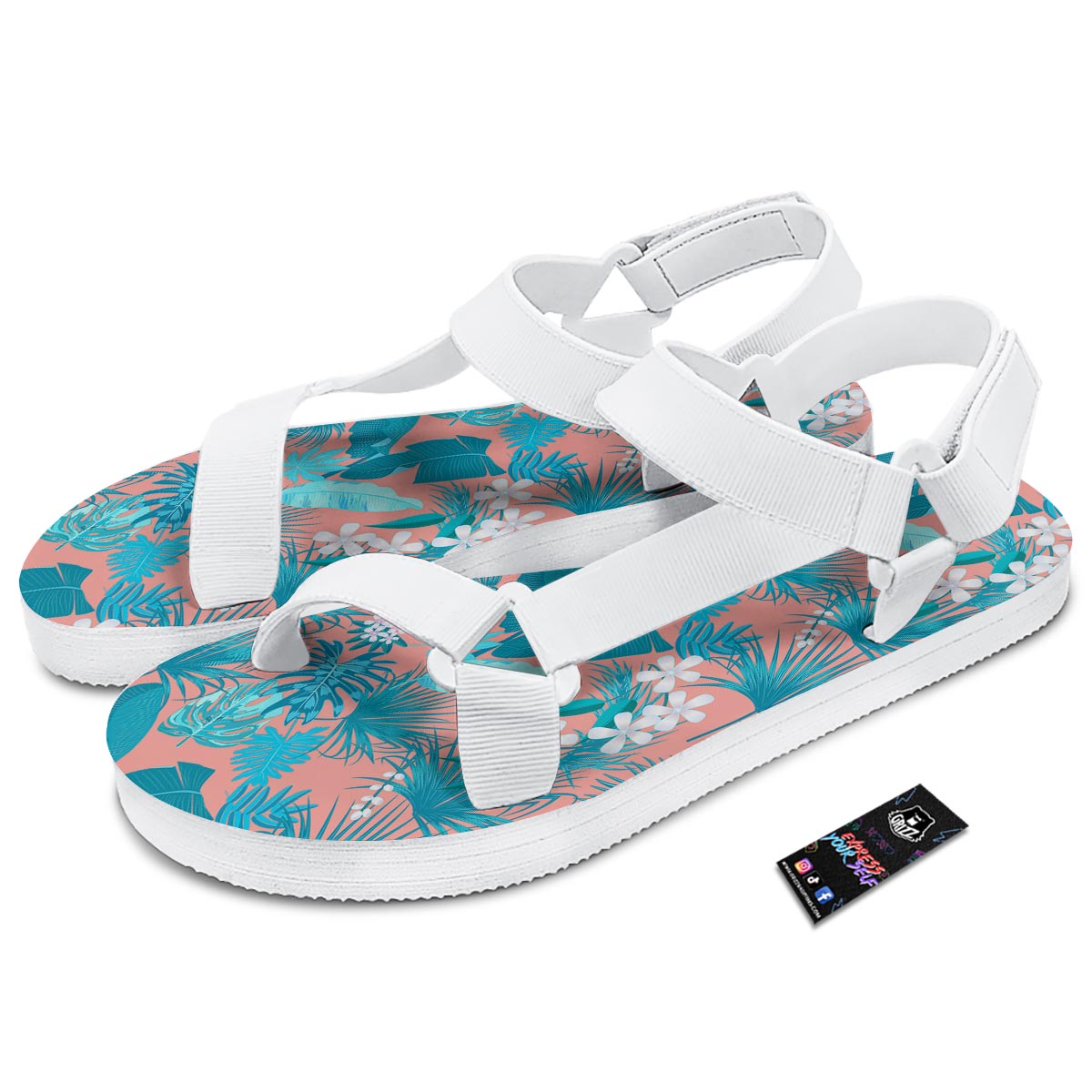 Palm Tree Teal Print Pattern White Open Toe Sandals-grizzshop