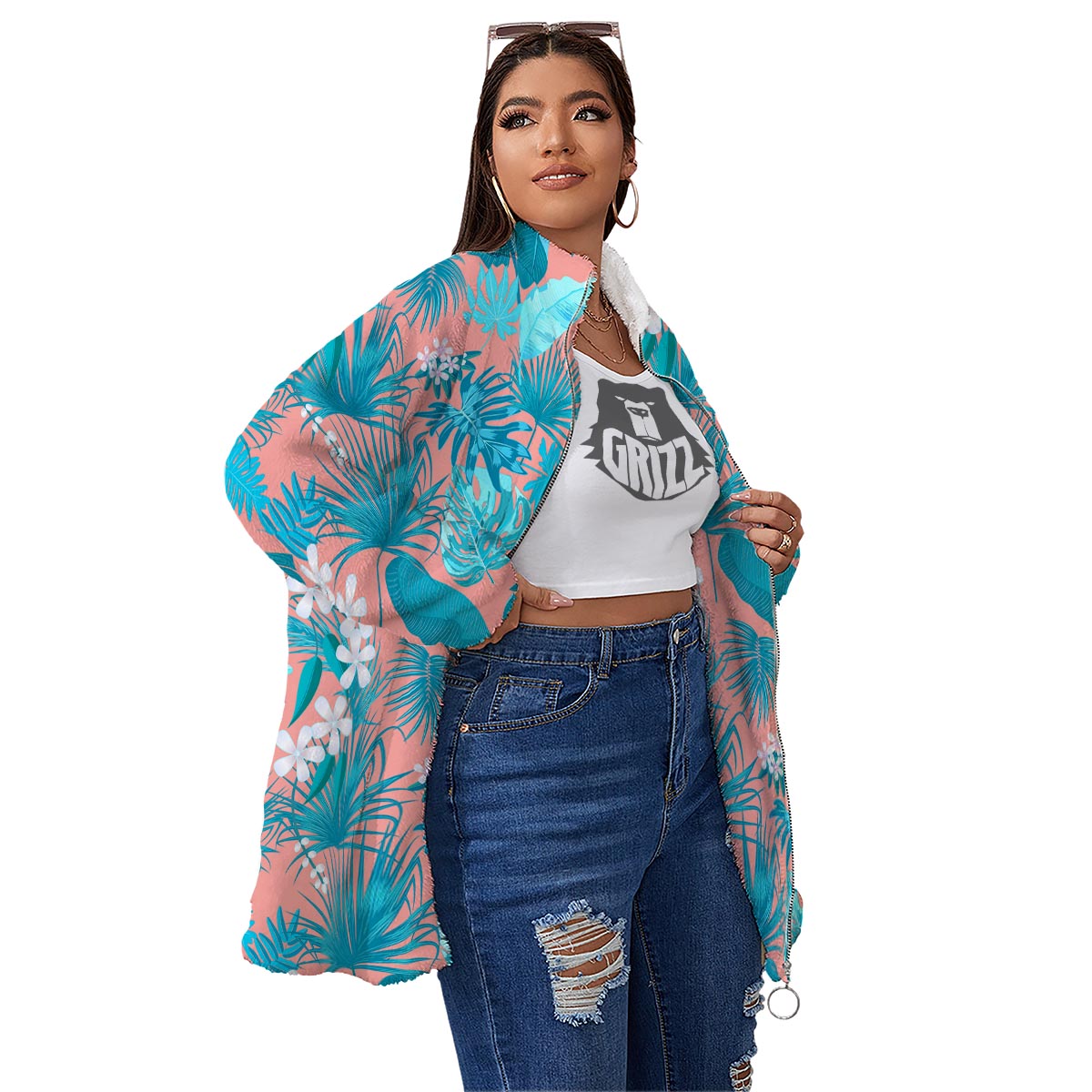 Palm Tree Teal Print Pattern Women's Sherpa Jacket-grizzshop