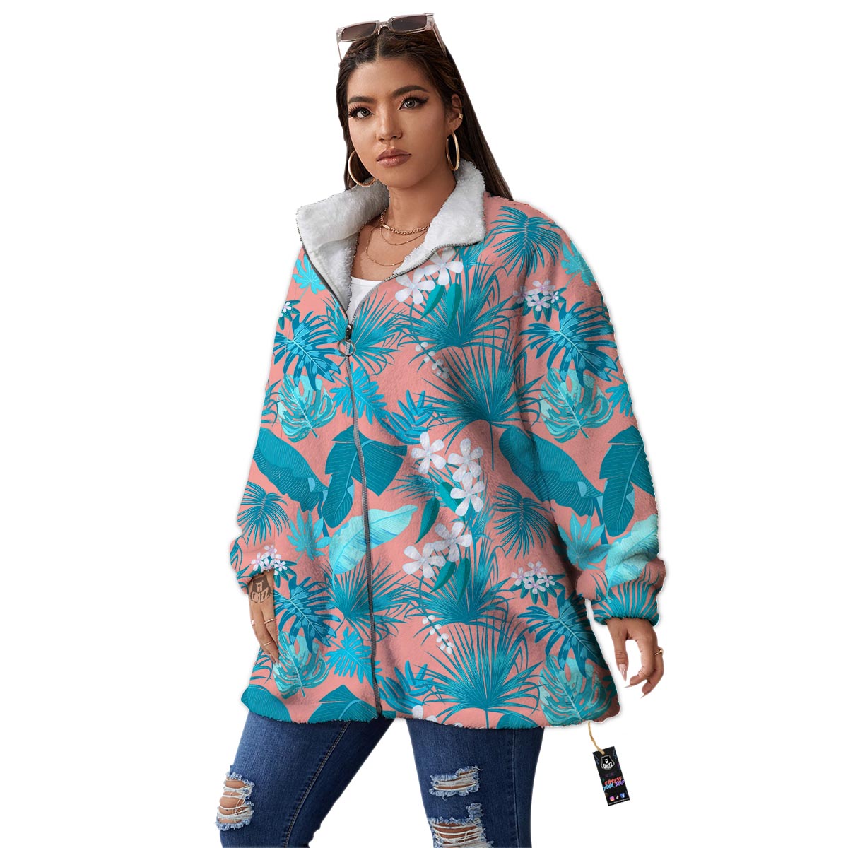 Palm Tree Teal Print Pattern Women's Sherpa Jacket-grizzshop