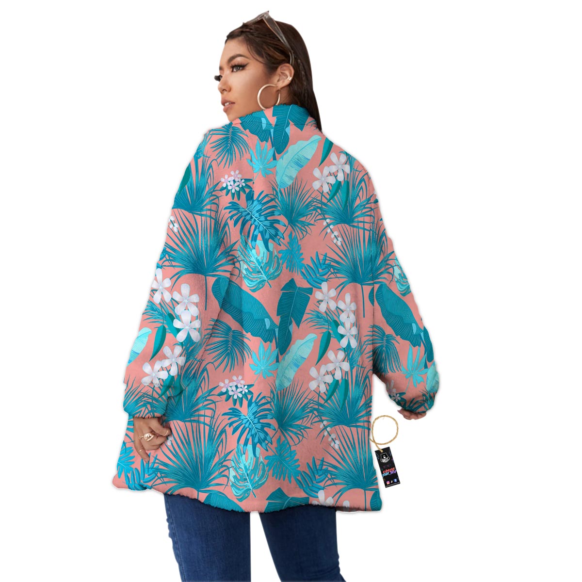 Palm Tree Teal Print Pattern Women's Sherpa Jacket-grizzshop