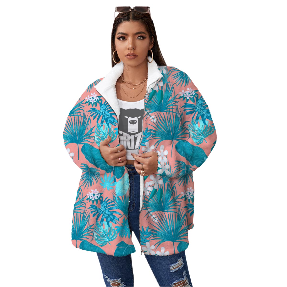 Palm Tree Teal Print Pattern Women's Sherpa Jacket-grizzshop