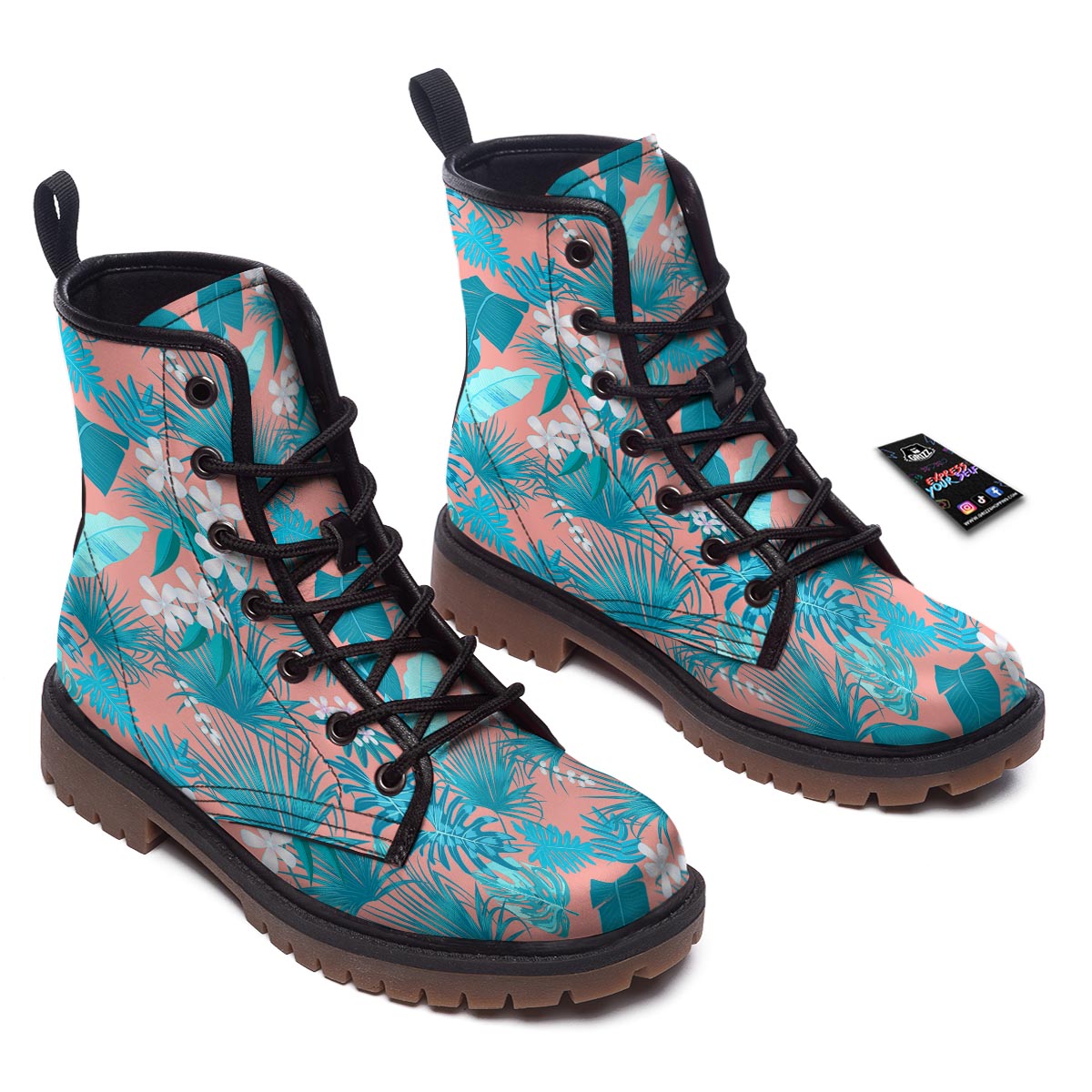 Palm Tree Teal Print Pattern Work Boots-grizzshop